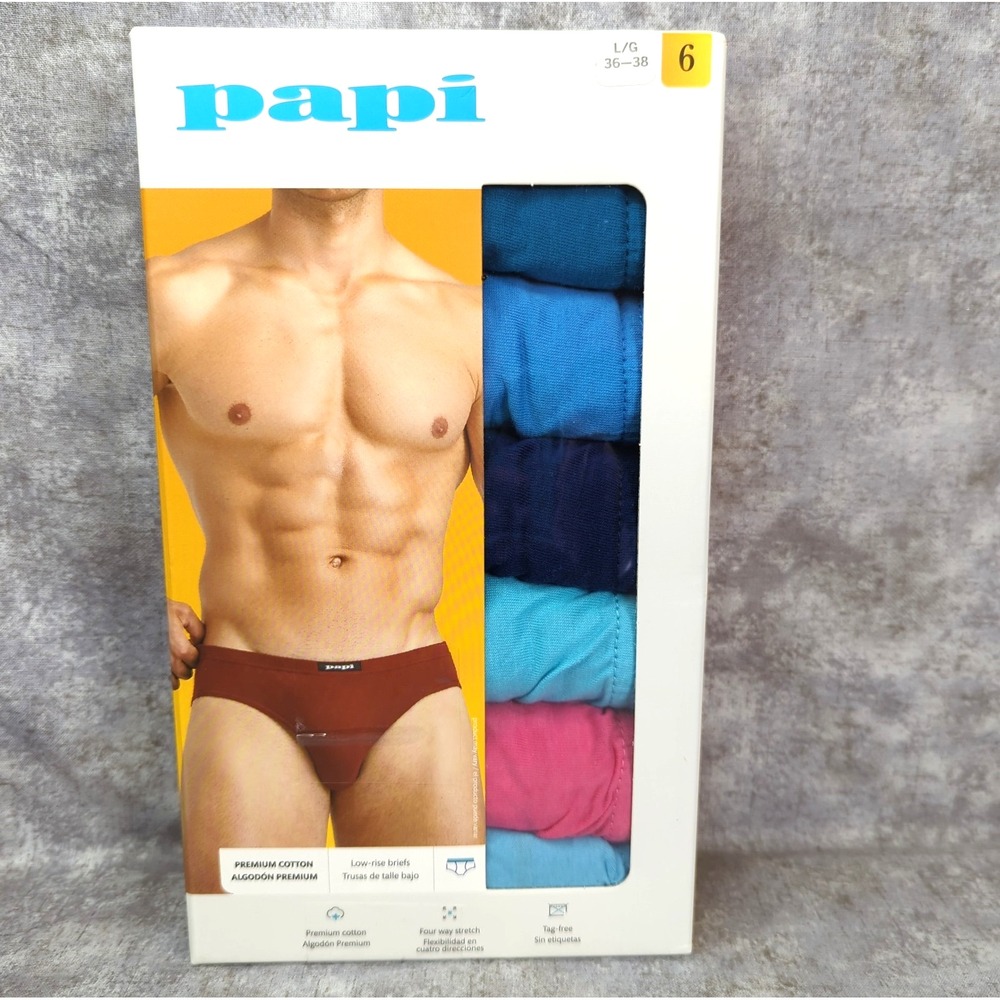 NWT Papi 6 PK Large 100% Premium Cotton Low Rise Men's Briefs 36-38" Stretch